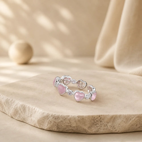 925 Sterling Silver Pink Cat's Eye Heart Design Adjustable Love Ring featuring Silver, Cat's Eye / Chrysoberyl
