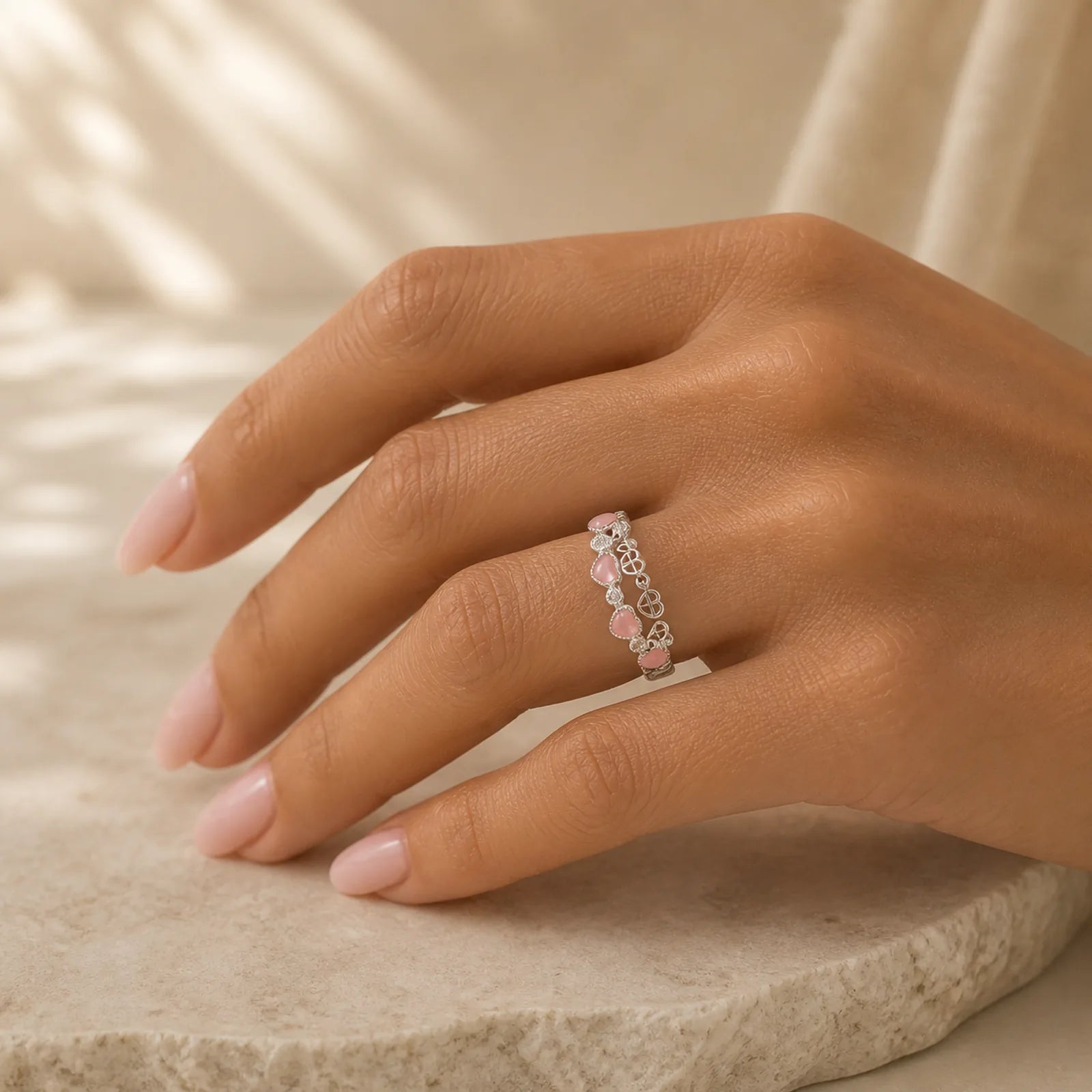 925 Sterling Silver Pink Cat's Eye Heart Design Adjustable Love Ring featuring Silver, Cat's Eye / Chrysoberyl
