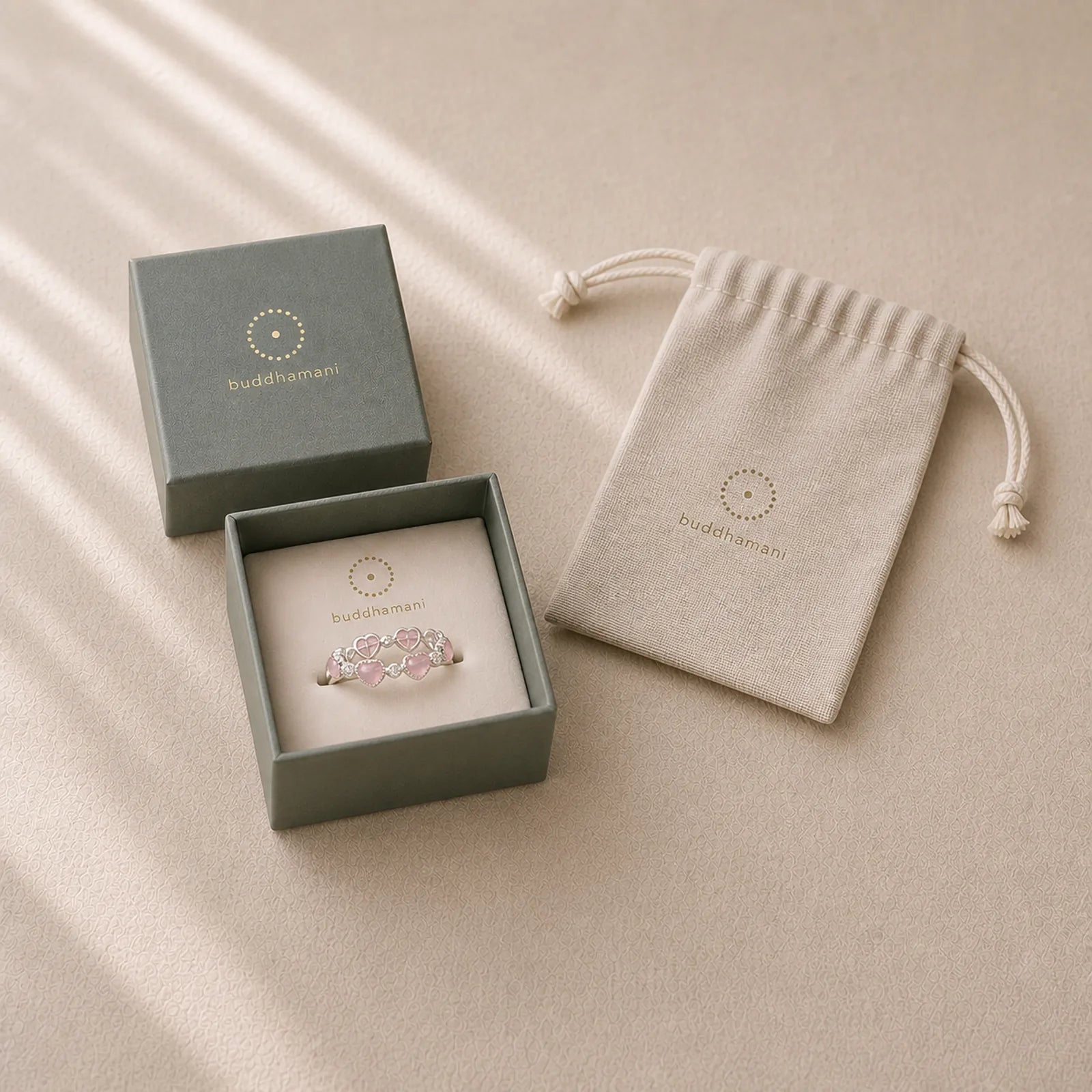 925 Sterling Silver Pink Cat's Eye Heart Design Adjustable Love Ring featuring Silver, Cat's Eye / Chrysoberyl