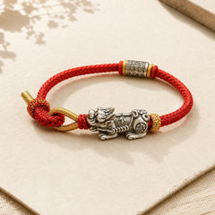 925 Sterling Silver Pixiu Om Mani Padme Hum Protection String Bracelet featuring Silver, Pixiu, Om Mani Padme Hum