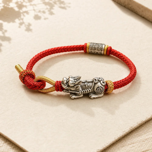 925 Sterling Silver Pixiu Om Mani Padme Hum Protection String Bracelet featuring Silver, Pixiu, Om Mani Padme Hum