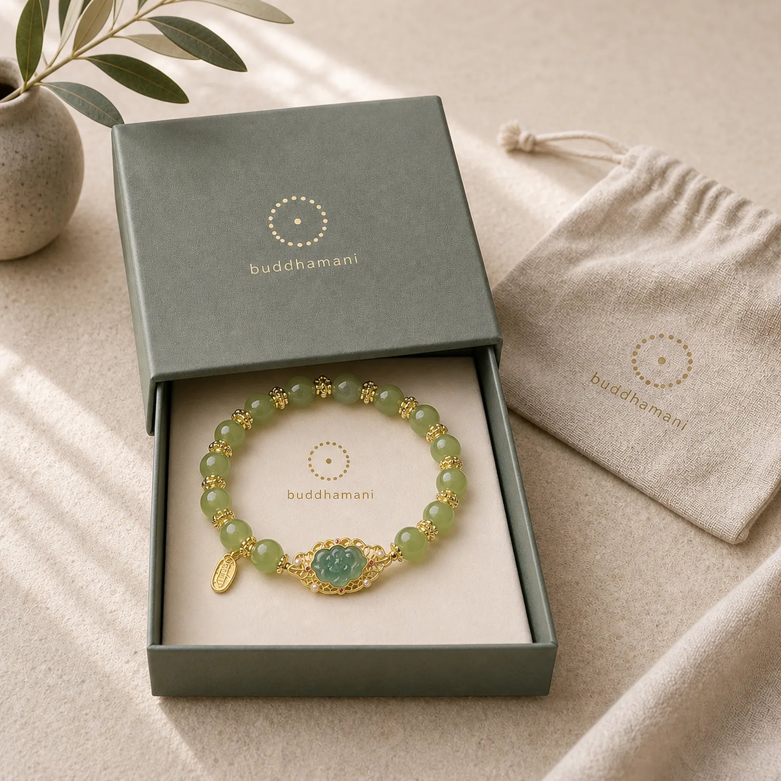 925 Sterling Silver Plated 14K Gold Hetian Jade Lotus Luck Bracelet featuring Silver, Jade, Lotus