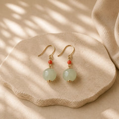925 Sterling Silver Plated 14k Gold Hetian Jade Red Agate Luck Drop Dangle Earrings featuring Silver, Jade, Red Agate