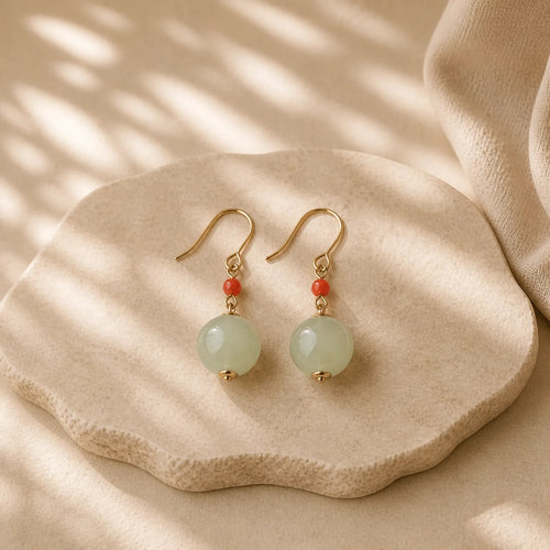 925 Sterling Silver Plated 14k Gold Hetian Jade Red Agate Luck Drop Dangle Earrings featuring Silver, Jade, Red Agate