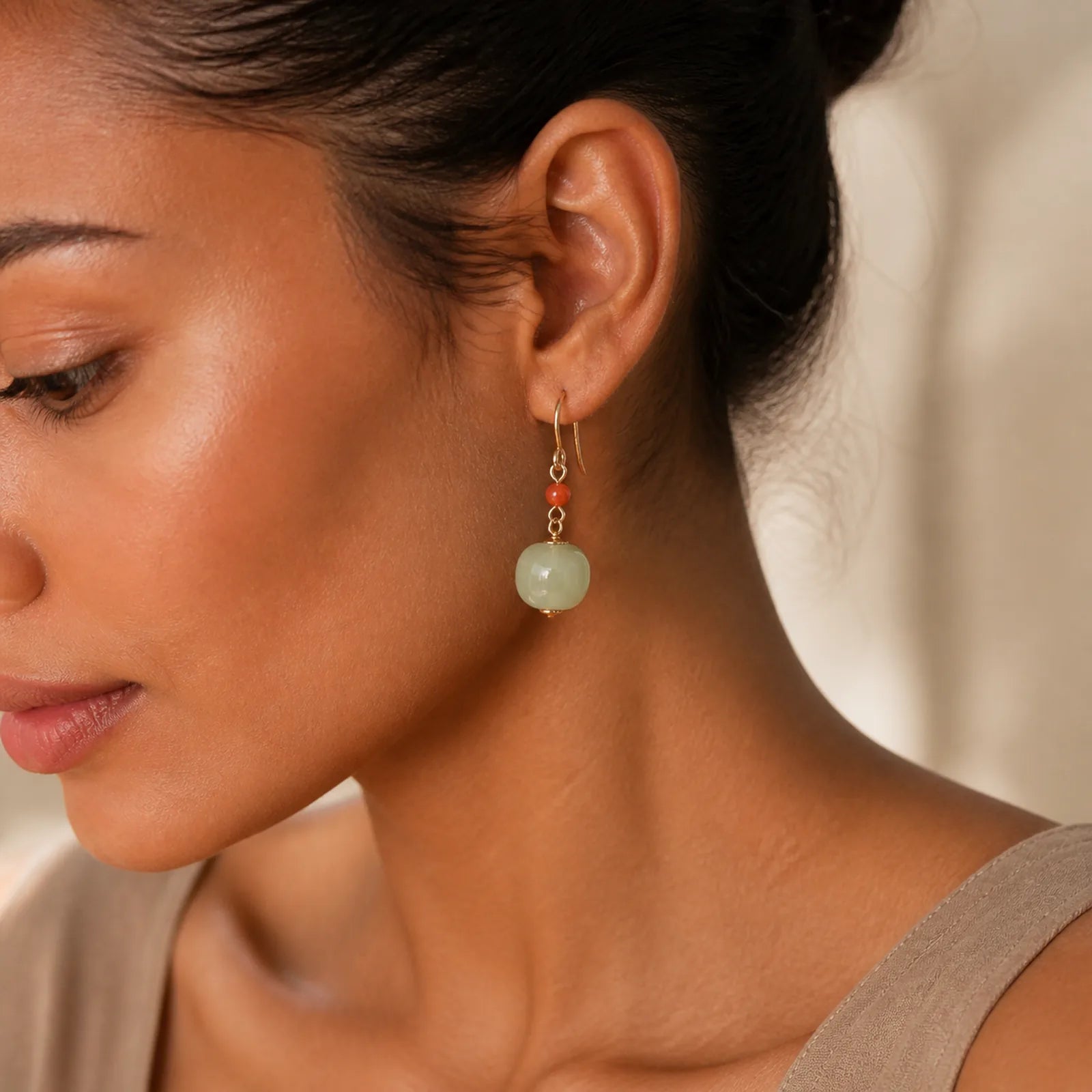 925 Sterling Silver Plated 14k Gold Hetian Jade Red Agate Luck Drop Dangle Earrings featuring Silver, Jade, Red Agate
