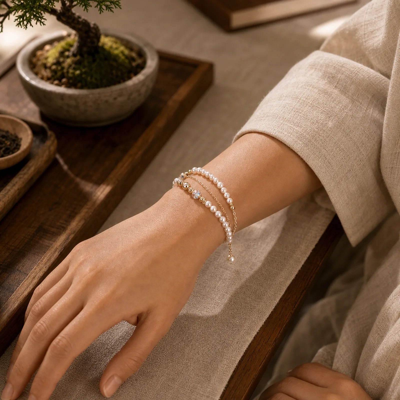 925 Sterling Silver Plated 14k Gold Natural Pearl Crystal Healing Double Layer Bracelet featuring Silver, Pearl