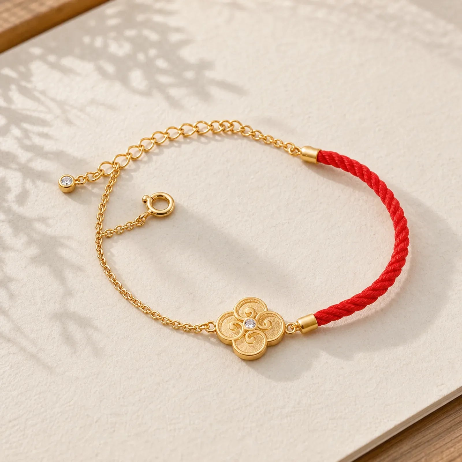 925 Sterling Silver Plated Gold Four Leaf Clover Zircon Luck Bracelet featuring Silver, Red String
