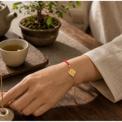 925 Sterling Silver Plated Gold Four Leaf Clover Zircon Luck Bracelet featuring Silver, Red String