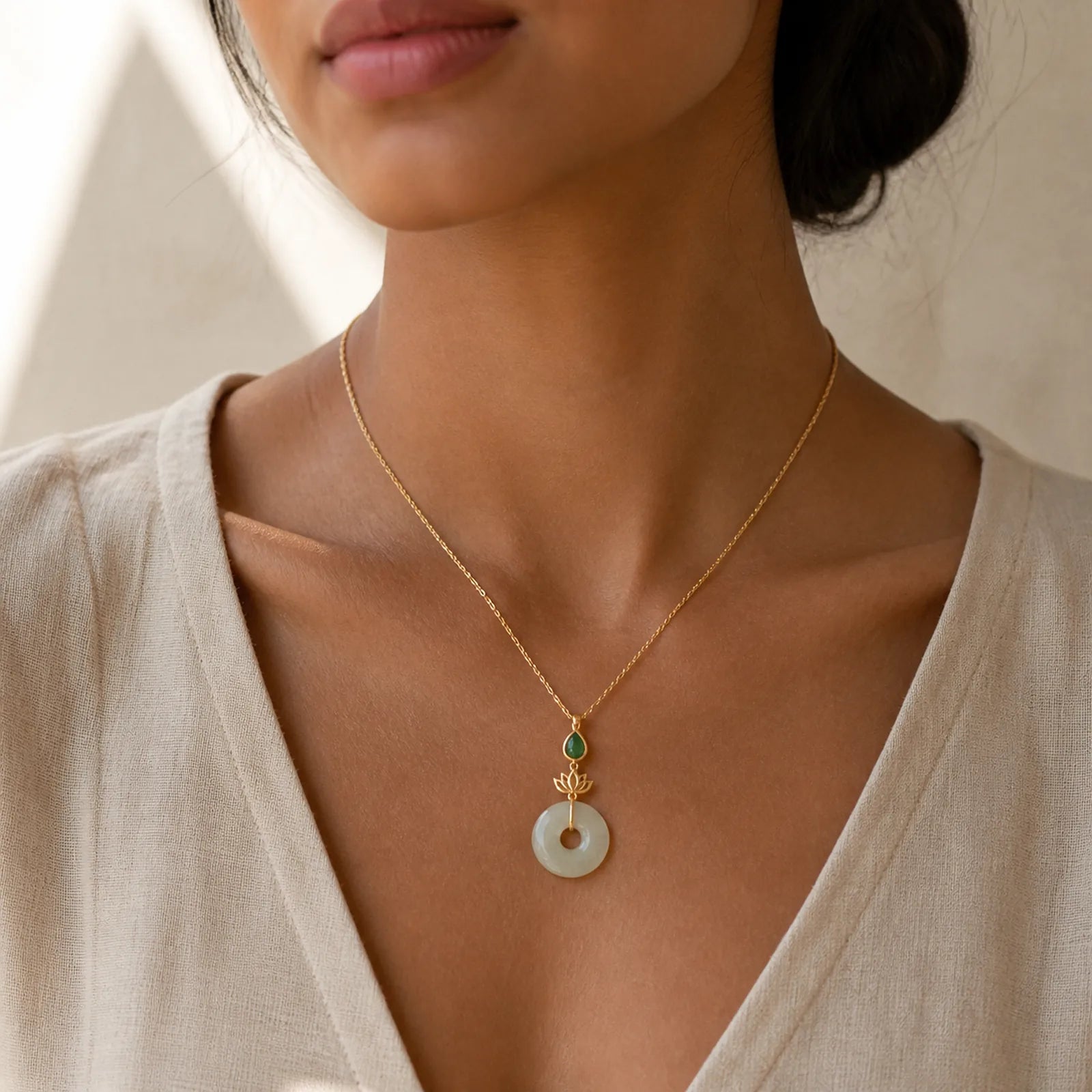 925 Sterling Silver Plated Gold Hetian Jade Lotus Luck Necklace Pendant featuring Silver, Jade, Lotus