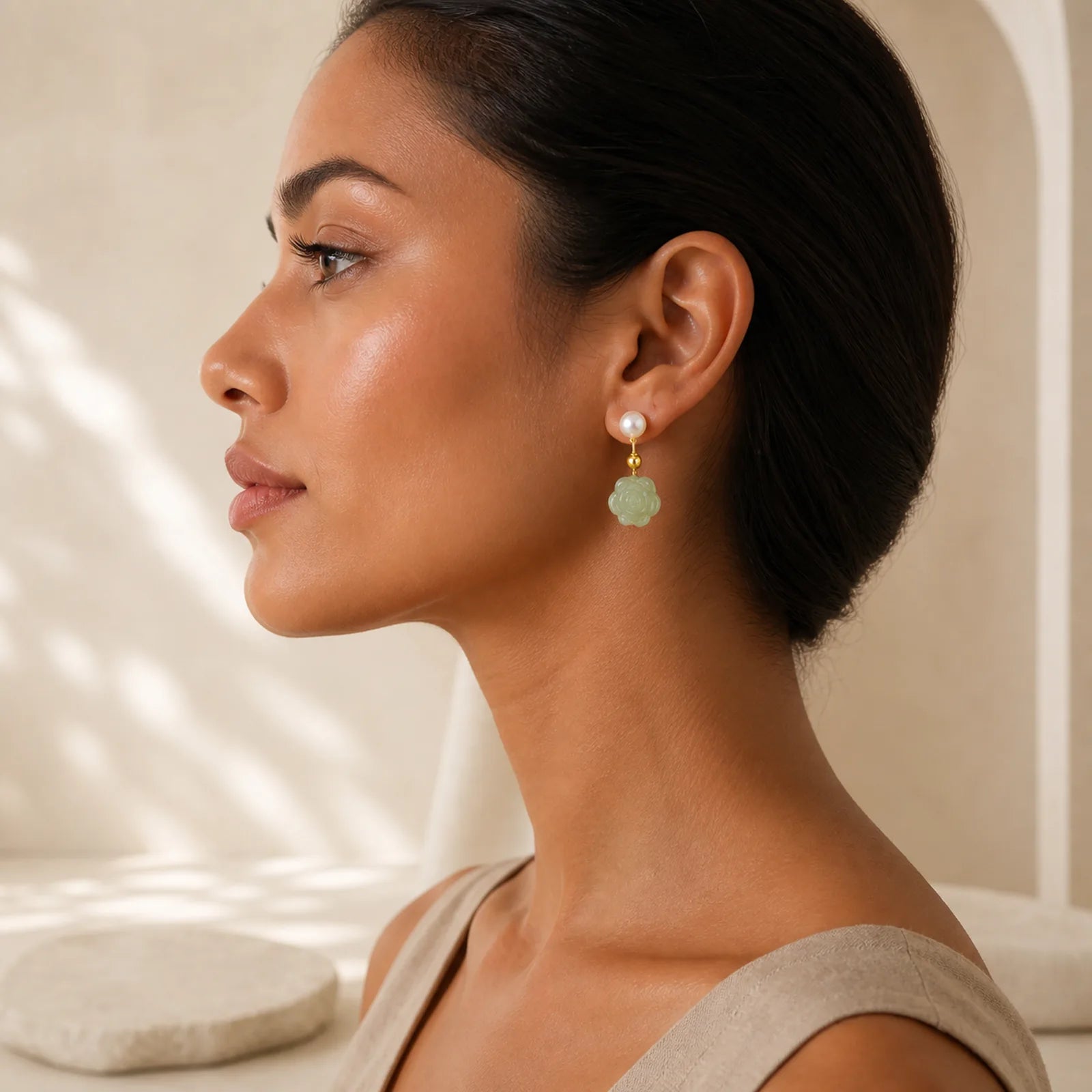 925 Sterling Silver Plated Gold Jade Rose Flower Cyan Jade Pearl Luck Earrings featuring Silver, Jade, Cyan Jade