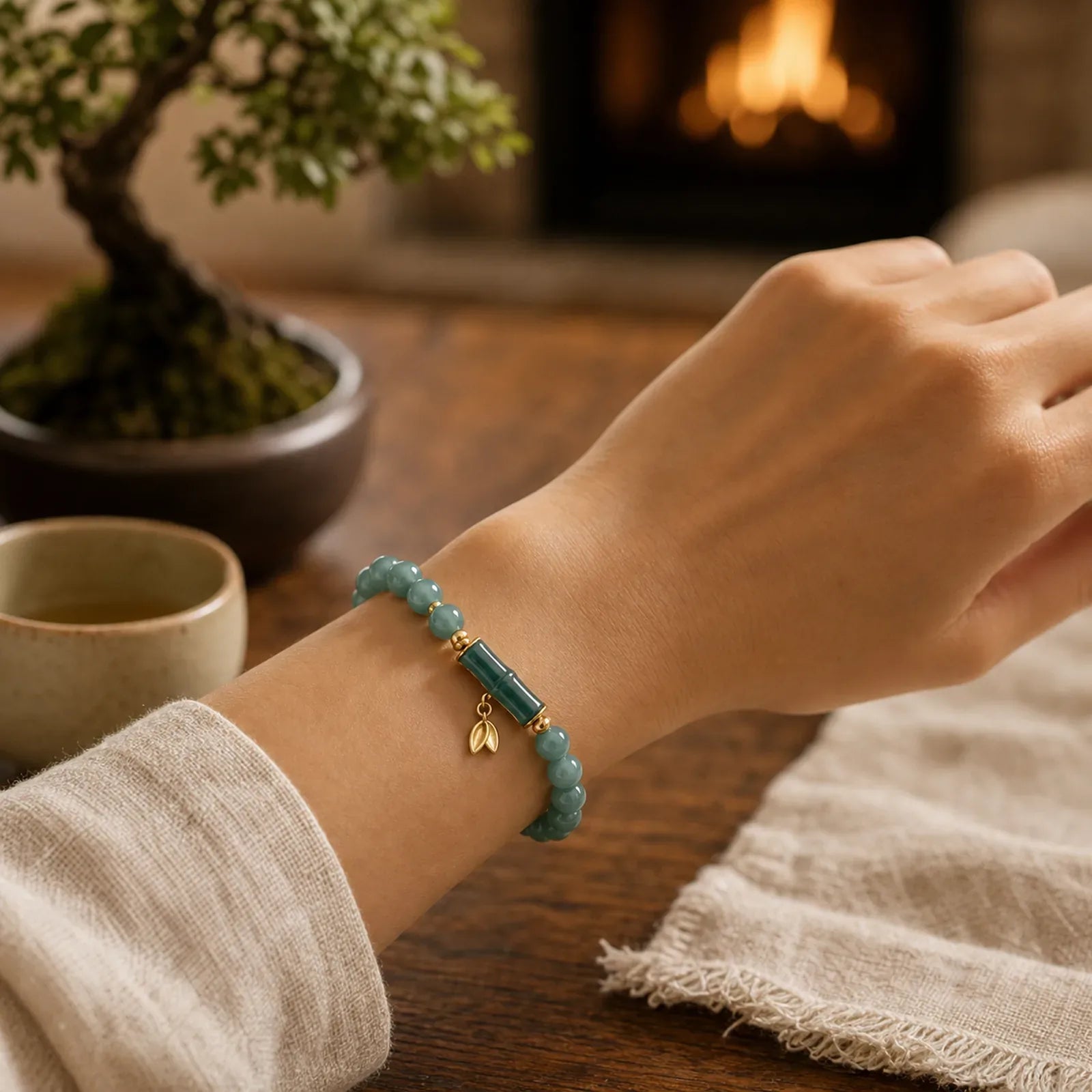 925 Sterling Silver Plated Gold Natural Green Jade Bamboo Charm Luck Bracelet featuring Silver, Green Jade, Jade
