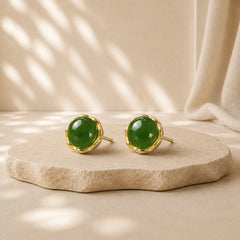 925 Sterling Silver Plated Gold Natural Hetian Cyan Jade Bead Luck Stud Earrings featuring Silver, Cyan Jade, Jade