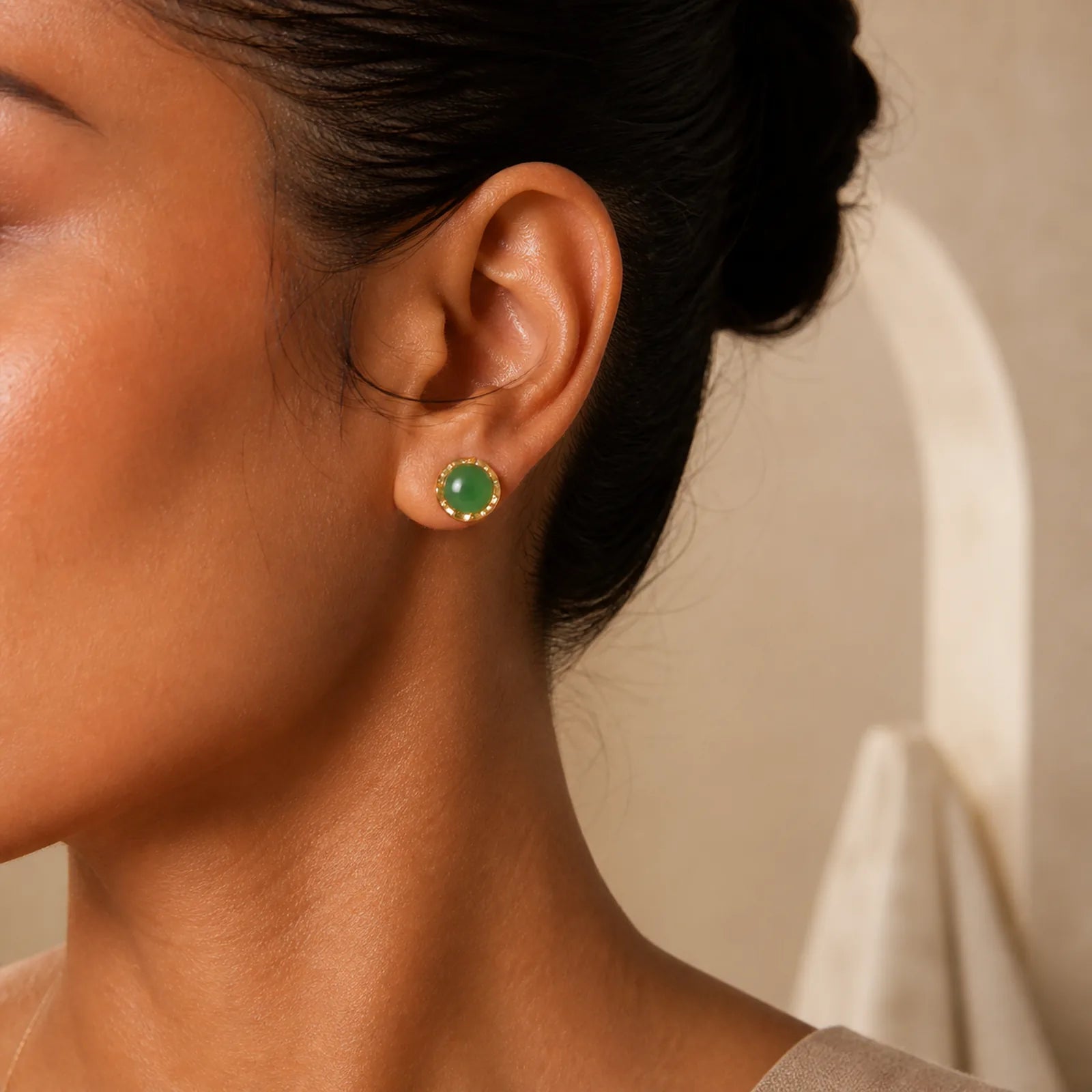 925 Sterling Silver Plated Gold Natural Hetian Cyan Jade Bead Luck Stud Earrings featuring Silver, Cyan Jade, Jade