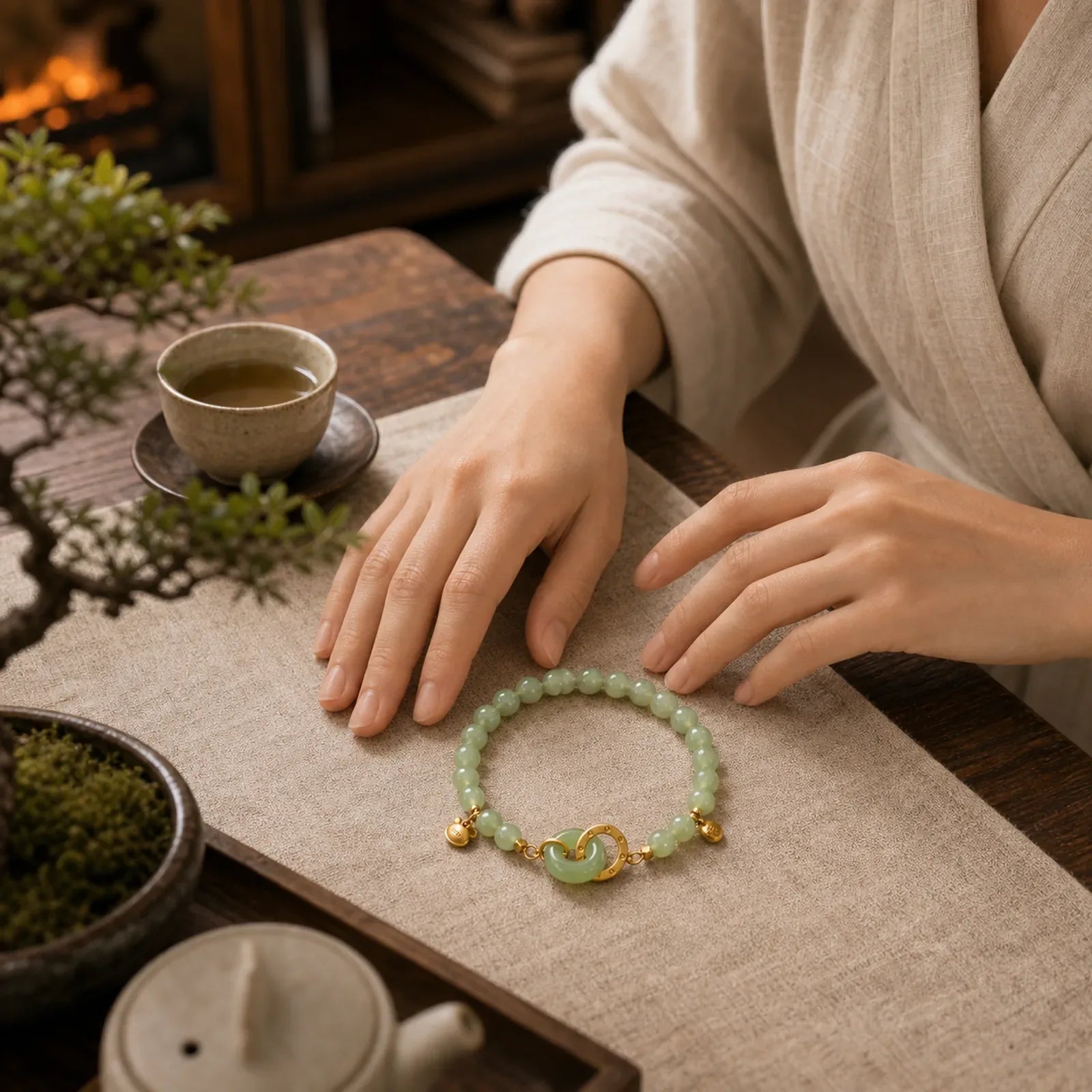 925 Sterling Silver Plated Gold Natural Hetian Jade Bead Gourd Lotus Bamboo Fu Character Luck Bracelet (Extra 35% Off | USE CODE: FS35) featuring Silver, Jade, Lotus