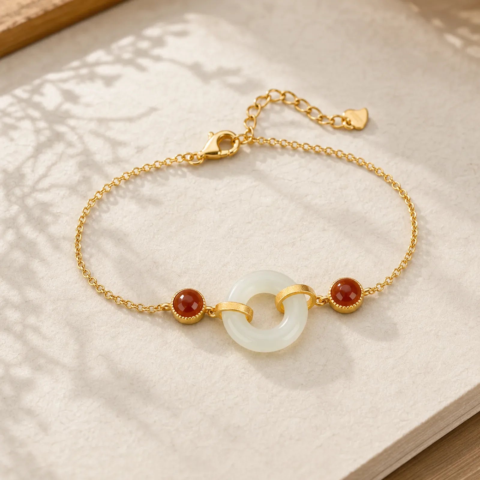 925 Sterling Silver Plated Gold Natural Hetian Jade Peace Buckle Red Agate Luck Bracelet featuring Silver, Jade, Peace Buckle