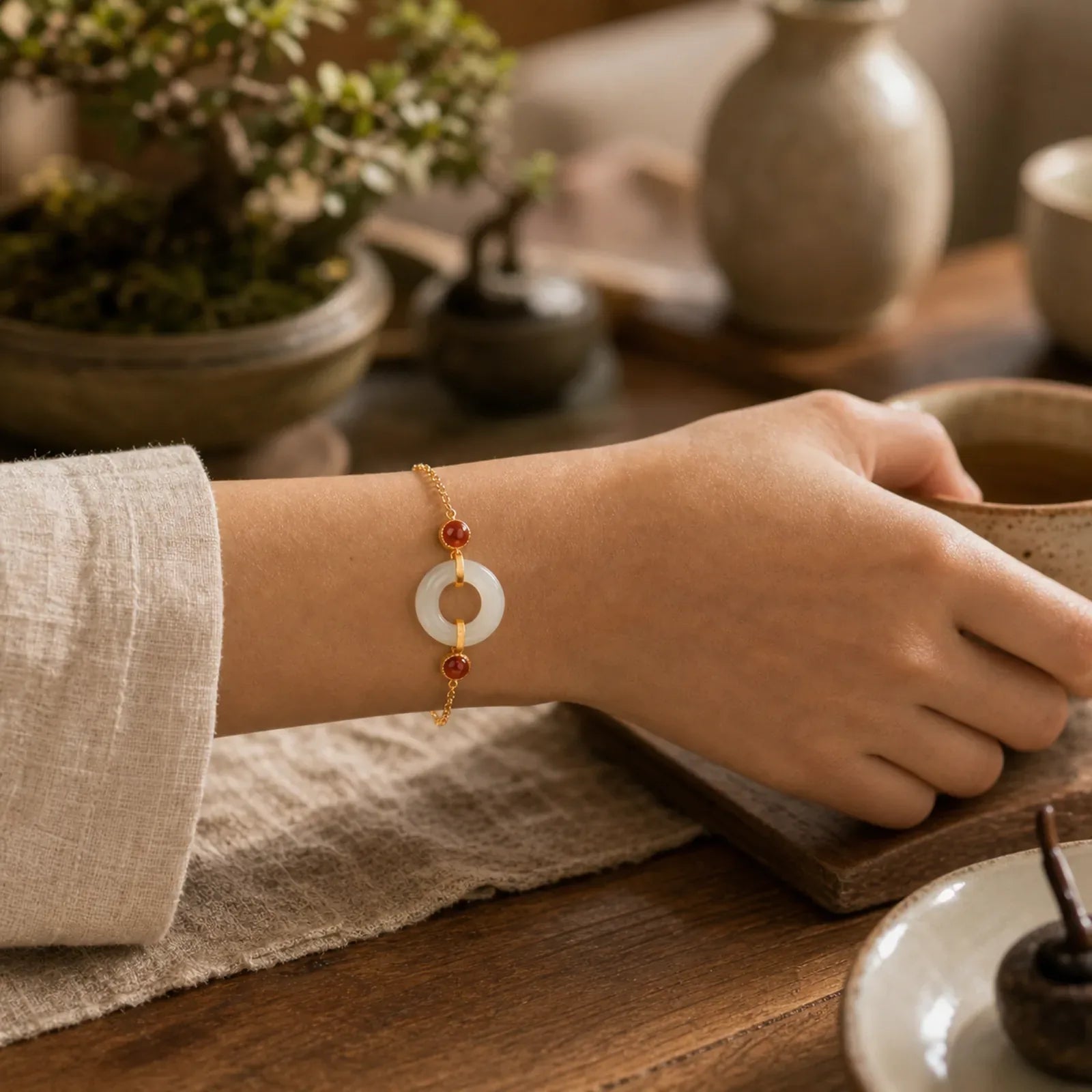 925 Sterling Silver Plated Gold Natural Hetian Jade Peace Buckle Red Agate Luck Bracelet featuring Silver, Jade, Peace Buckle
