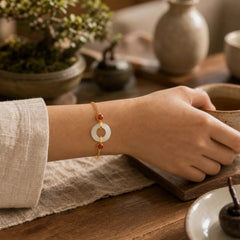 925 Sterling Silver Plated Gold Natural Hetian Jade Peace Buckle Red Agate Luck Bracelet featuring Silver, Jade, Peace Buckle