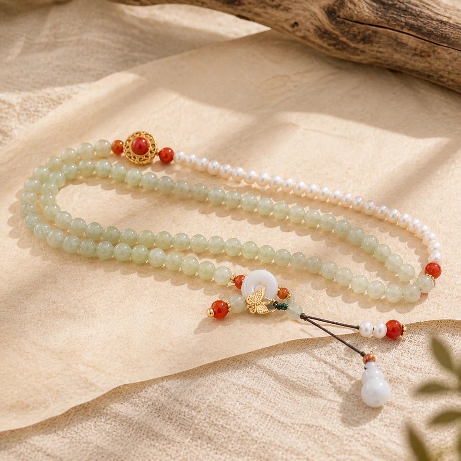 925 Sterling Silver Plated Gold Natural Hetian Jade Pearl Butterfly Gourd Luck Bracelet featuring Silver, Jade, Pearl