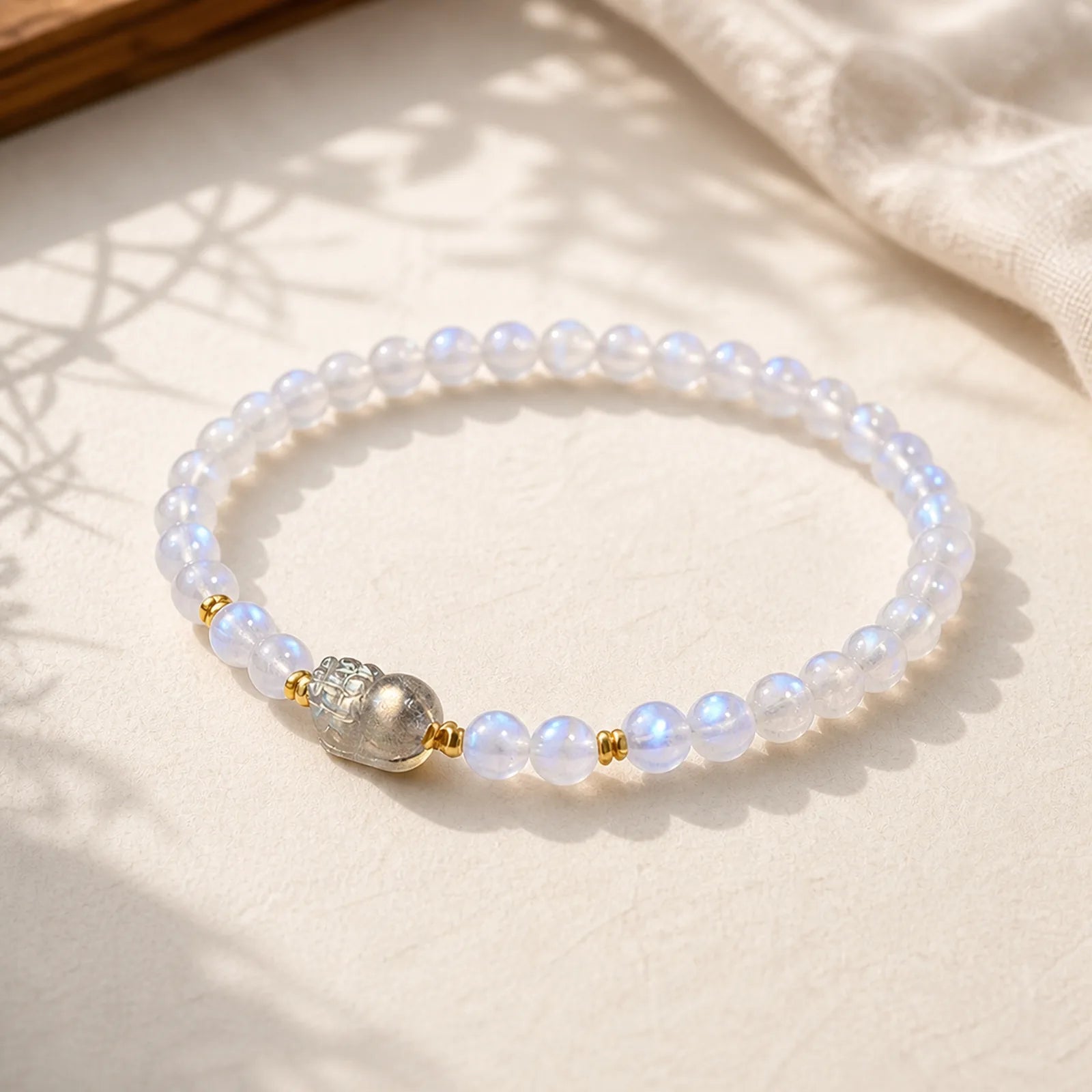 925 Sterling Silver Plated Gold Natural Moonstone PiXiu Healing Bracelet featuring Silver, Moonstone, Pixiu