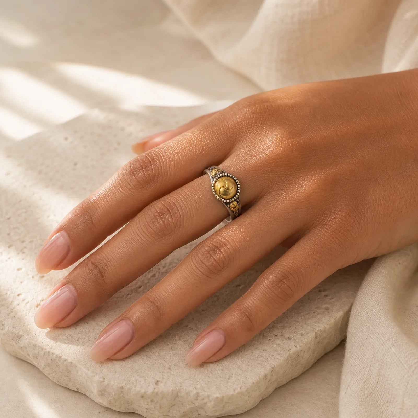 925 Sterling Silver Plated Gold Skeleton Balance Adjustable Ring featuring Silver