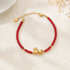 925 Sterling Silver Plated Gold Year of the Horse Red Liuli Glass Prosperity Bracelet featuring Silver, Horse, Five Elements