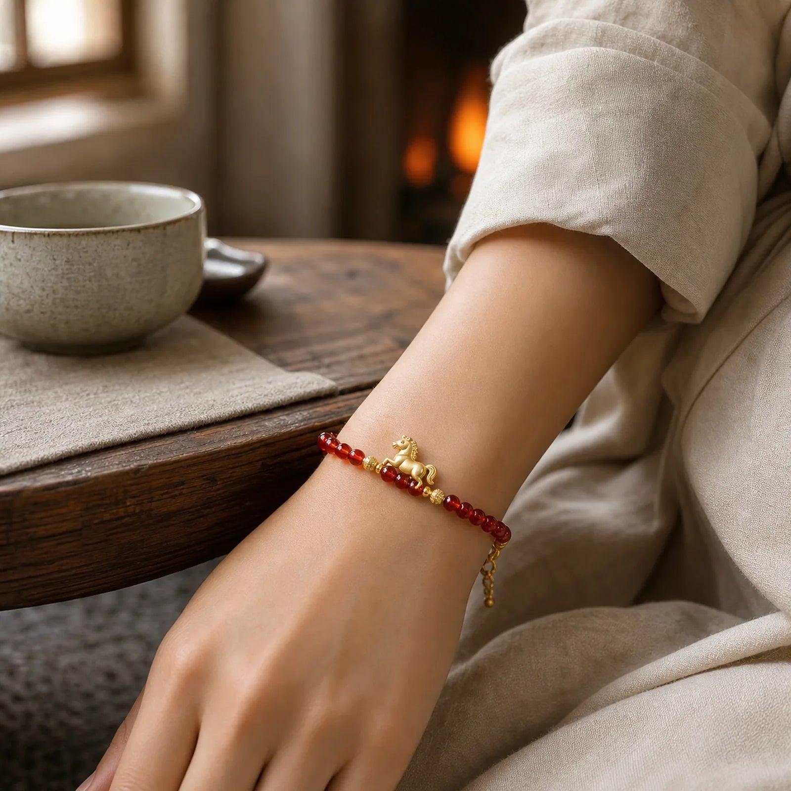 925 Sterling Silver Plated Gold Year of the Horse Red Liuli Glass Prosperity Bracelet featuring Silver, Horse, Five Elements