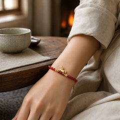 925 Sterling Silver Plated Gold Year of the Horse Red Liuli Glass Prosperity Bracelet featuring Silver, Horse, Five Elements