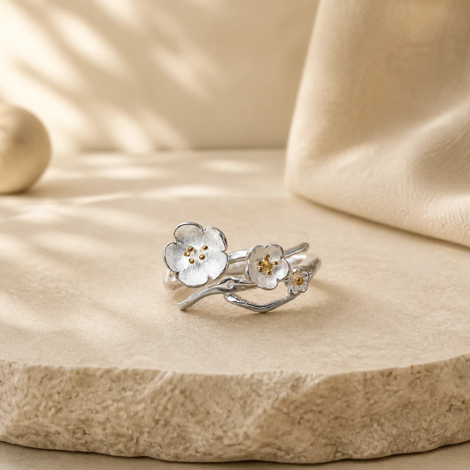 925 Sterling Silver Plum Bossom Balance Ring featuring Silver, Butterfly