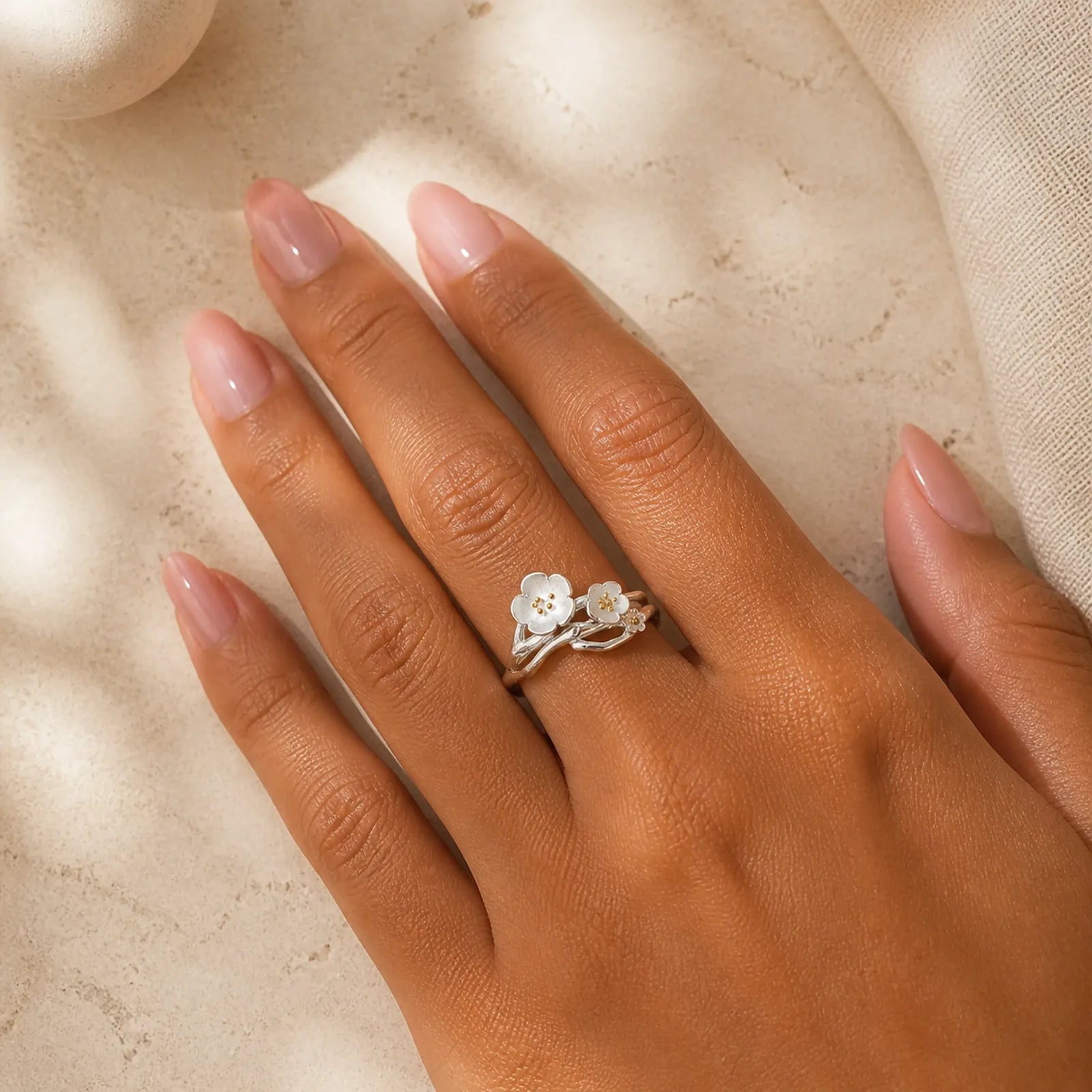 925 Sterling Silver Plum Bossom Balance Ring featuring Silver, Butterfly