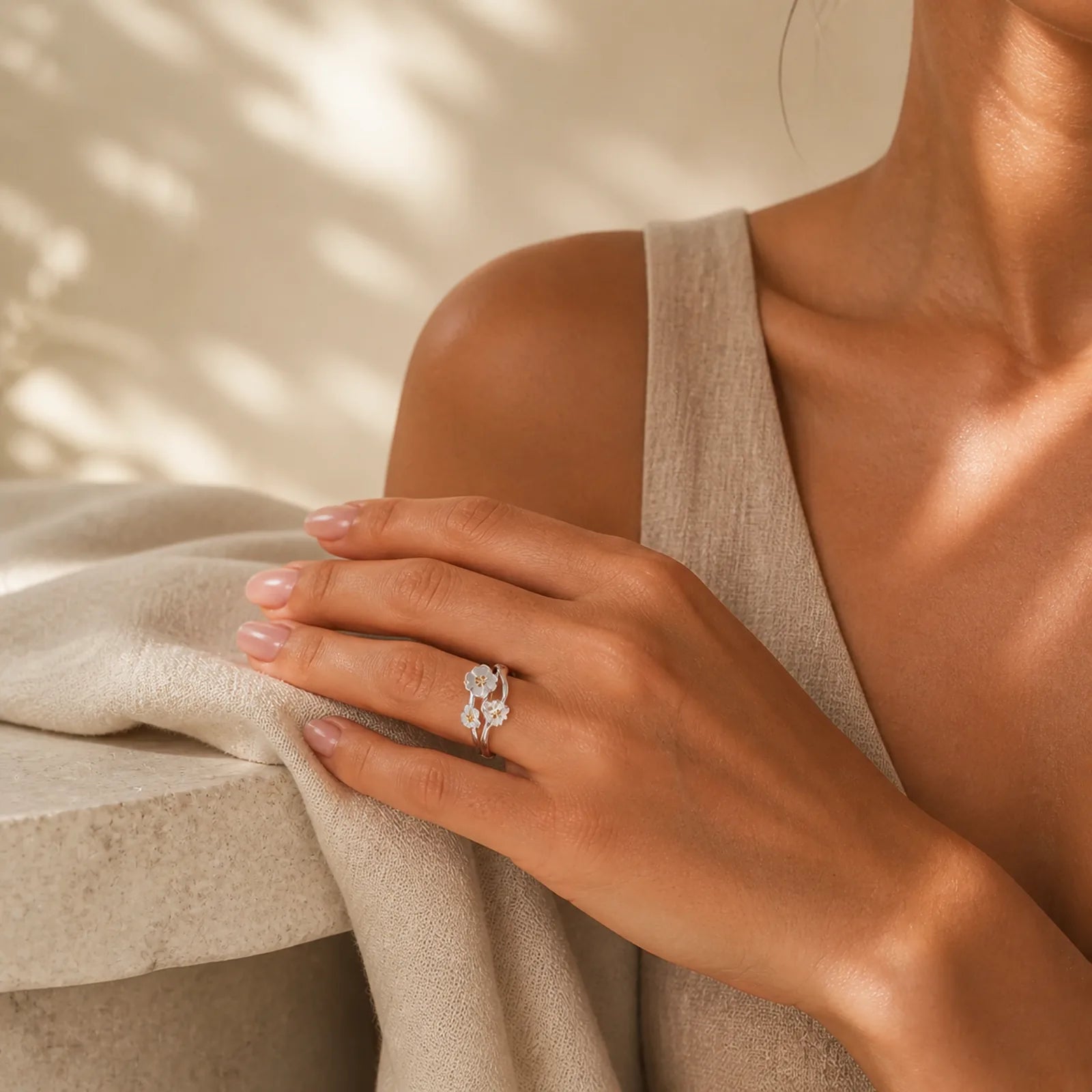 925 Sterling Silver Plum Bossom Balance Ring featuring Silver, Butterfly