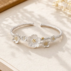 925 Sterling Silver Plum Flower Blessing Bracelet Adjustable Bangle featuring Silver