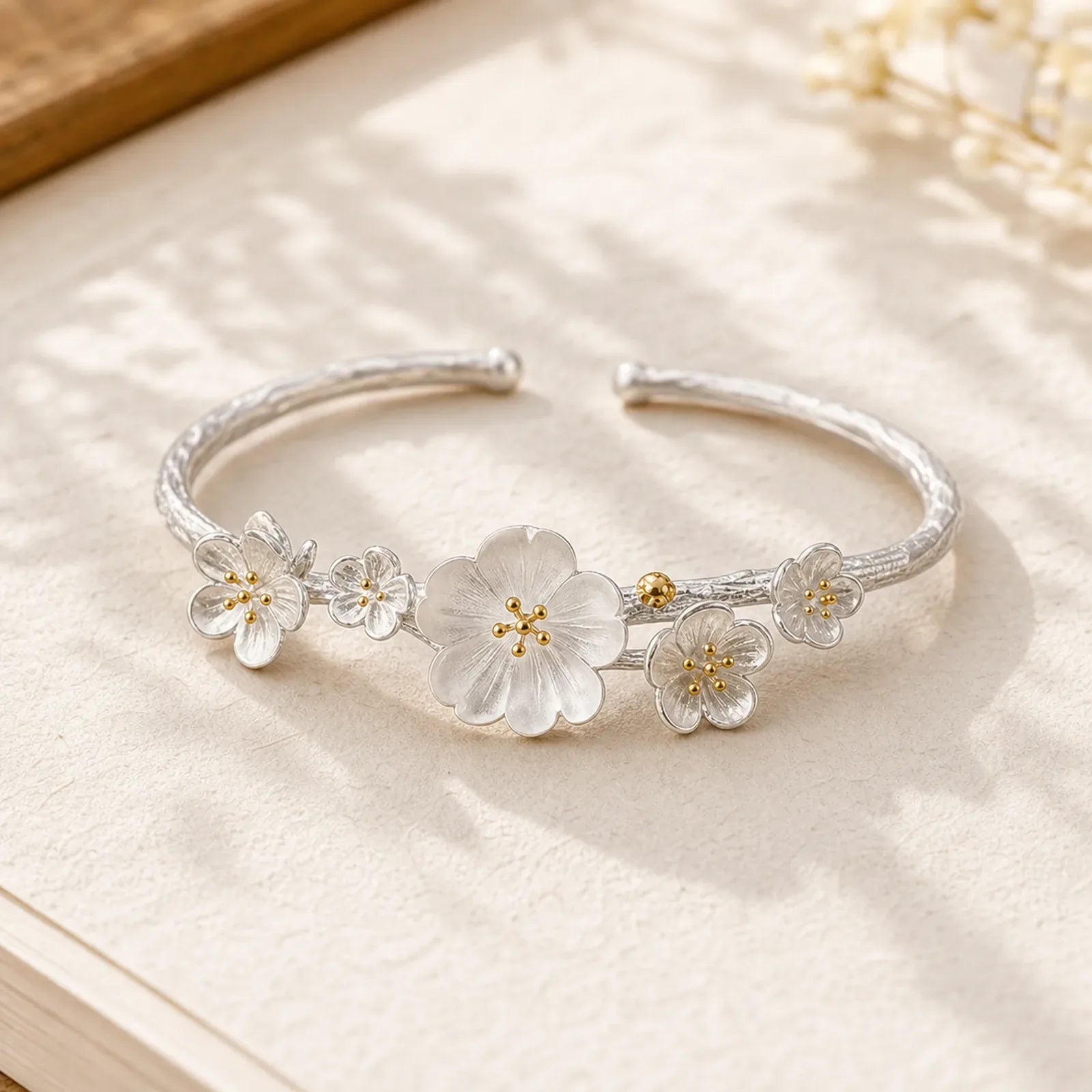 925 Sterling Silver Plum Flower Blessing Bracelet Adjustable Bangle featuring Silver