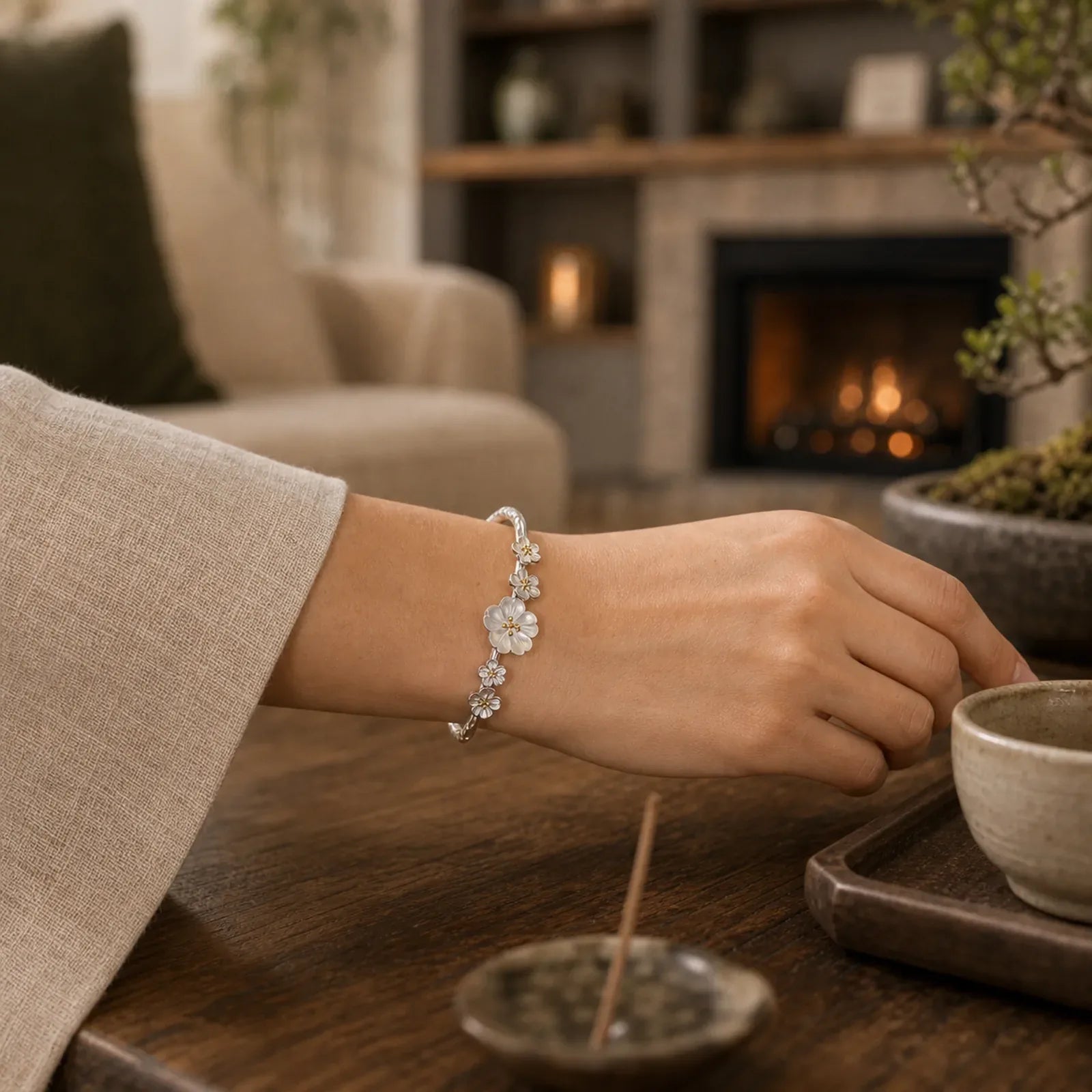 925 Sterling Silver Plum Flower Blessing Bracelet Adjustable Bangle featuring Silver