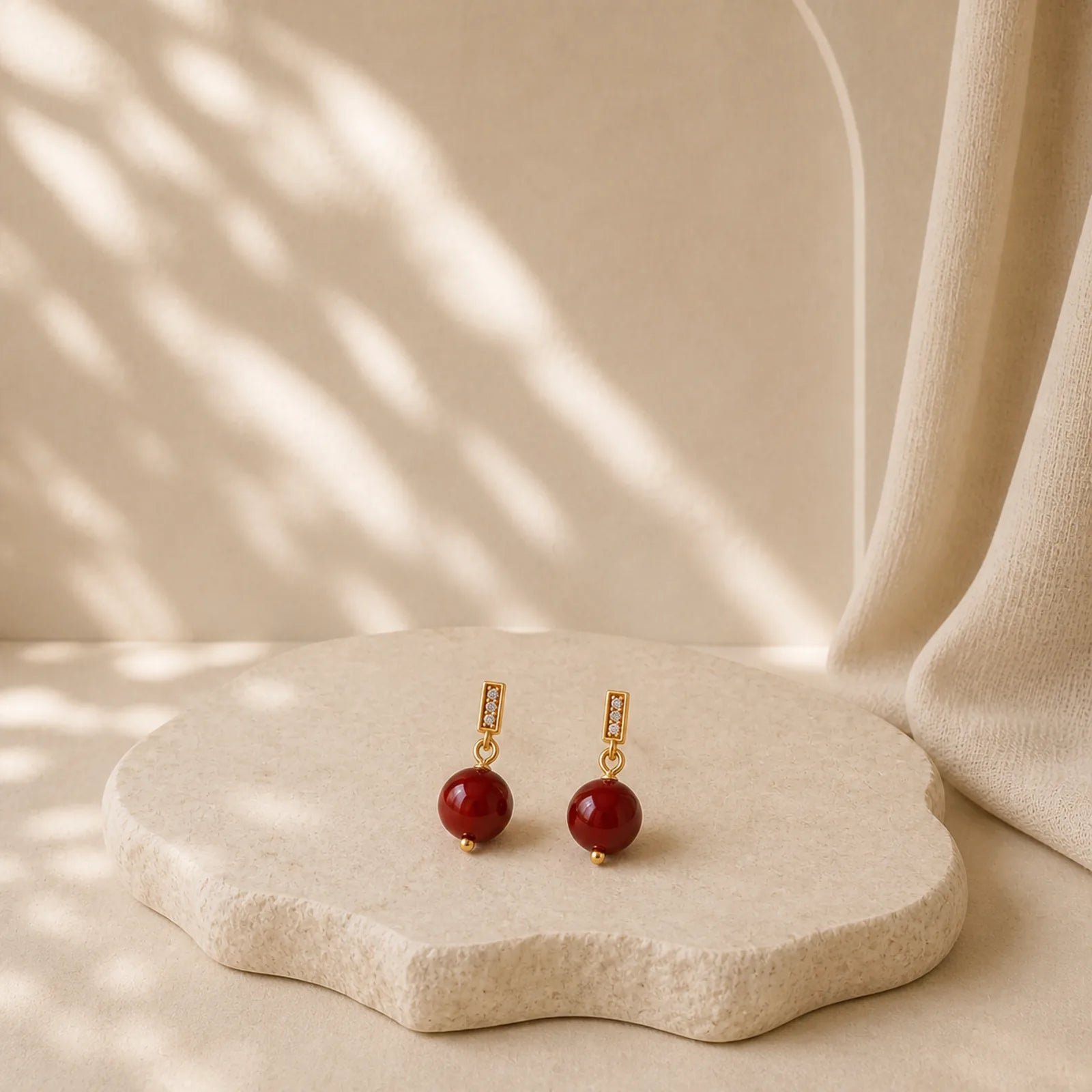 925 Sterling Silver Posts 14K Gold Filled Cinnabar Bead Zircon Calm Earrings featuring Silver, Cinnabar, Copper