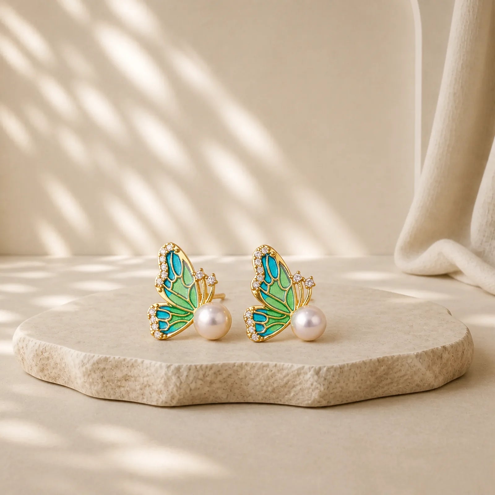 925 Sterling Silver Posts 18K Gold Plated Copper Natural Pearl Butterfly Healing Stud Earrings featuring Silver, Copper, Pearl