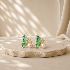 925 Sterling Silver Posts 18K Gold Plated Copper Natural Pearl Butterfly Healing Stud Earrings featuring Silver, Copper, Pearl