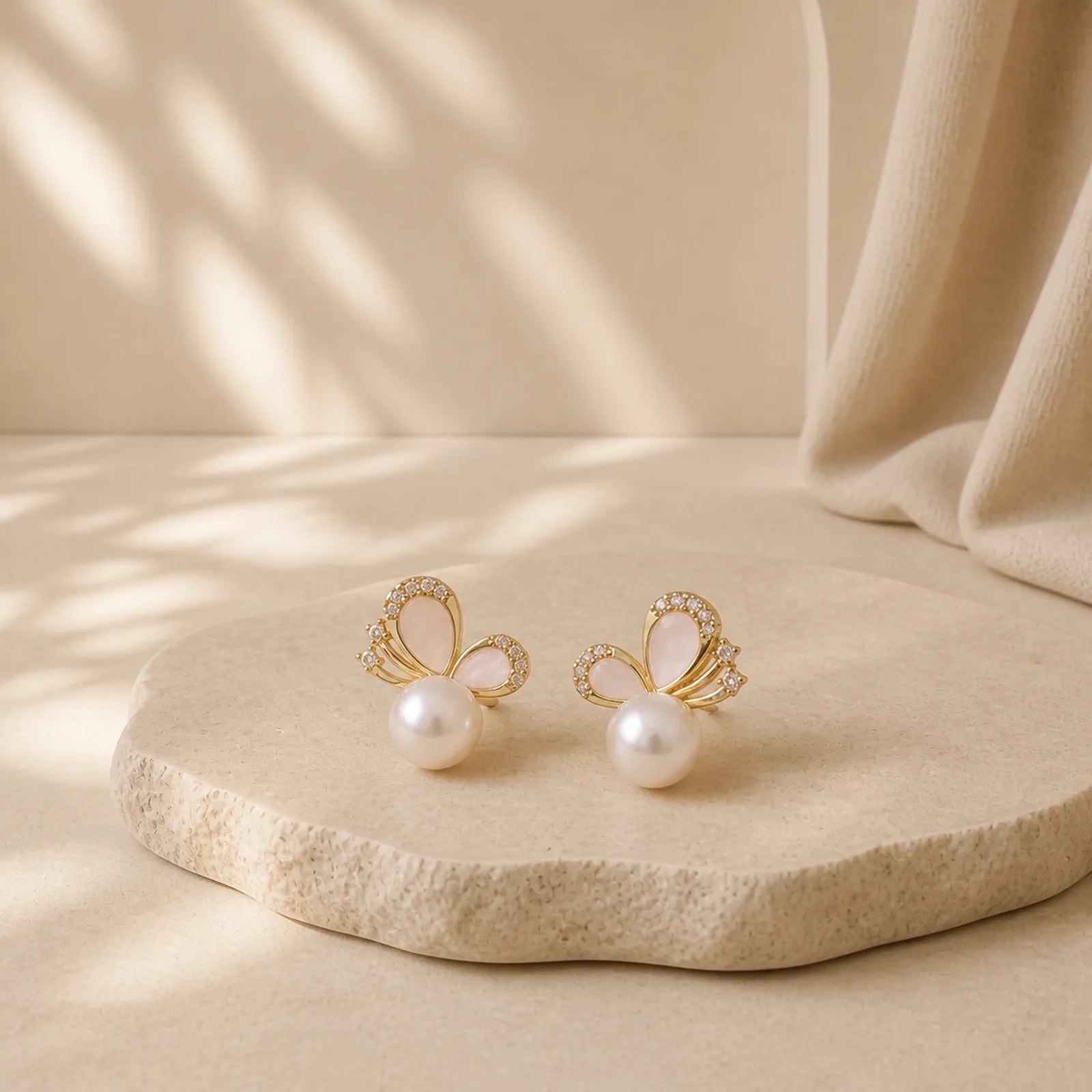 925 Sterling Silver Posts 18K Gold Plated Copper Natural Pearl Butterfly Zircon Healing Stud Earrings featuring Silver, Copper, Pearl
