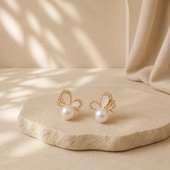 925 Sterling Silver Posts 18K Gold Plated Copper Natural Pearl Butterfly Zircon Healing Stud Earrings featuring Silver, Copper, Pearl