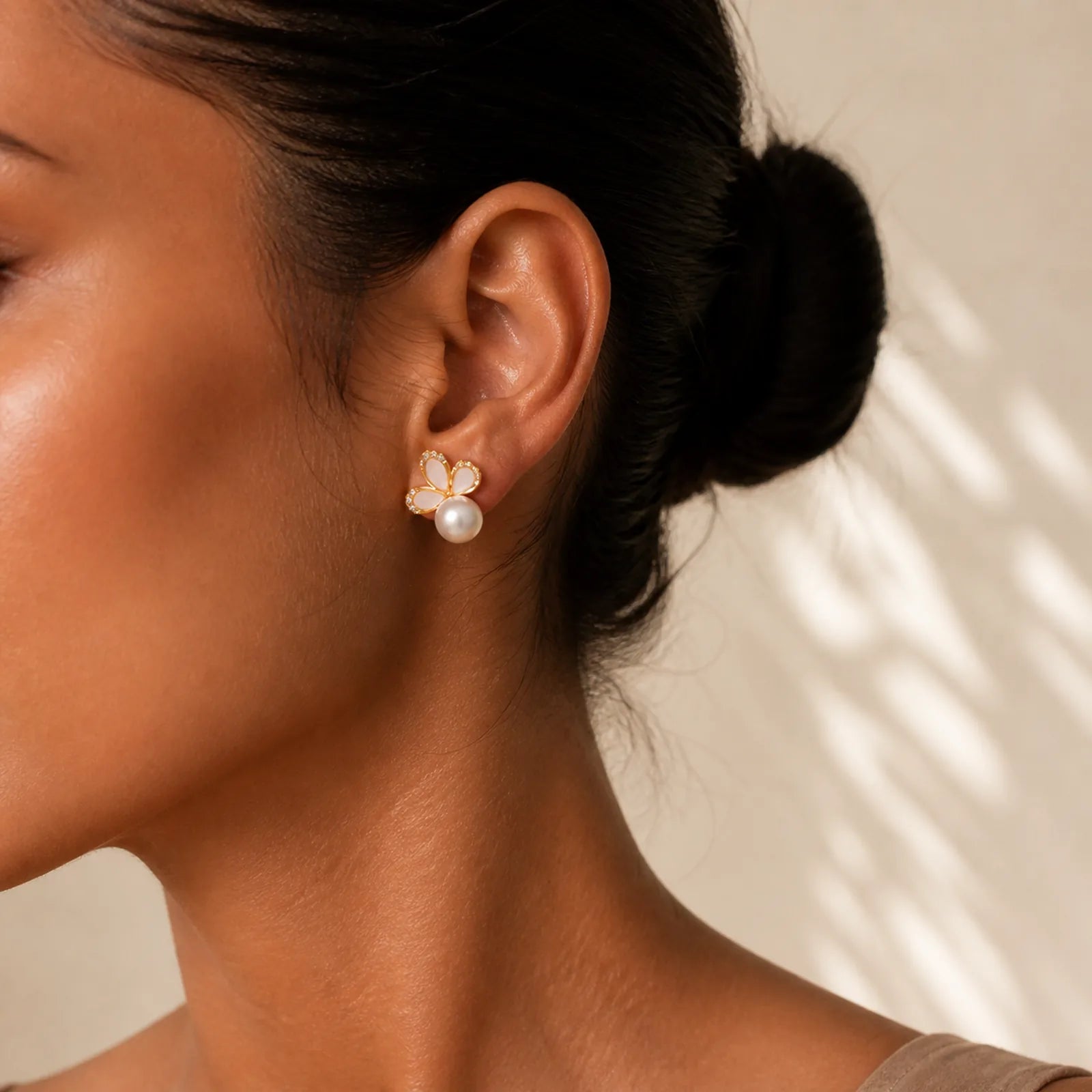925 Sterling Silver Posts 18K Gold Plated Copper Natural Pearl Butterfly Zircon Healing Stud Earrings featuring Silver, Copper, Pearl