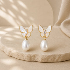 925 Sterling Silver Posts 18K Gold Plated Copper Pearl Butterfly Optimism Stud Earrings featuring Silver, Copper, Pearl