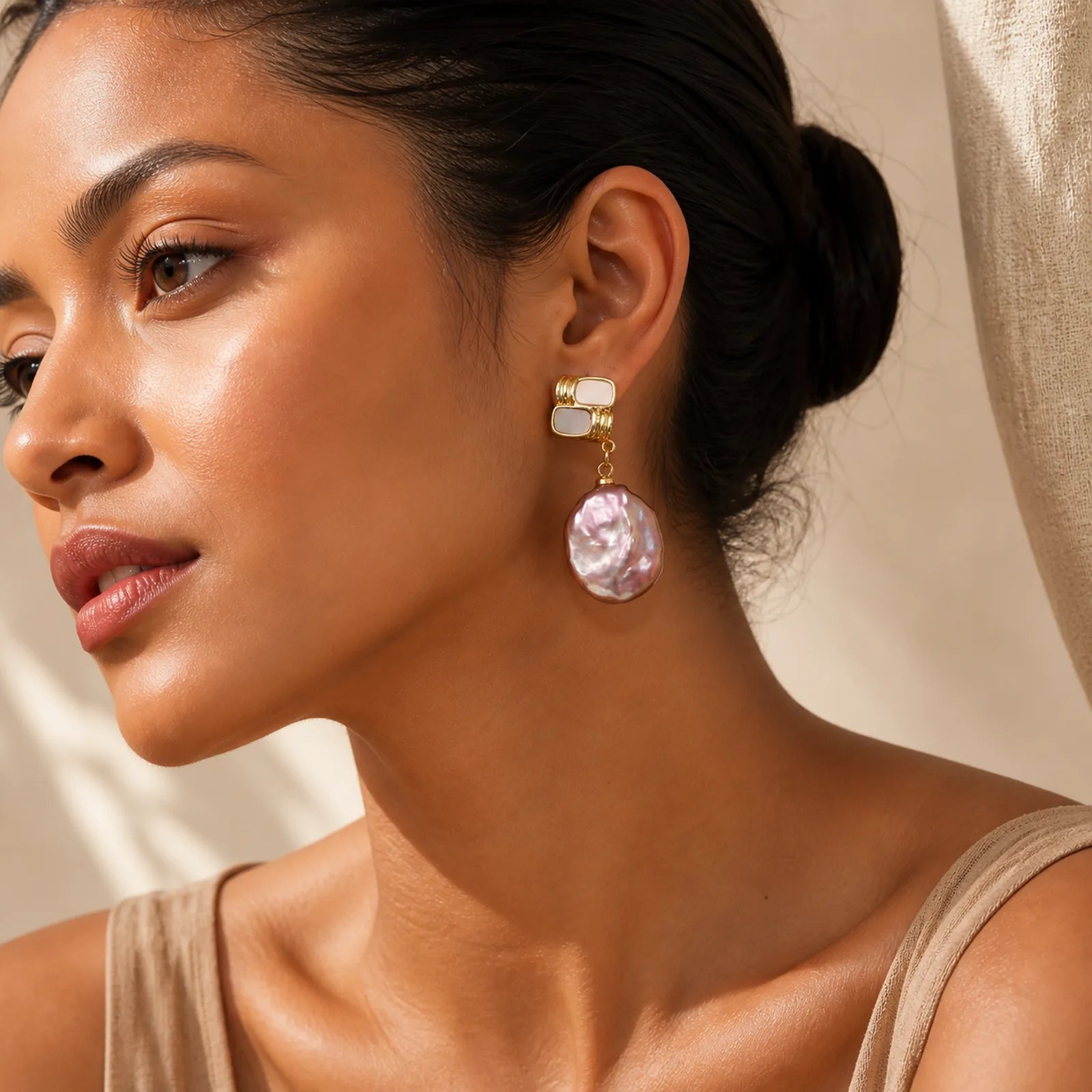 925 Sterling Silver Posts Copper Plated Gold Natural Baroque Pearl Healing Drop Earrings featuring Silver, Copper, Pearl