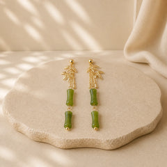 925 Sterling Silver Posts Copper Plated Gold Natural Peridot Bamboo Leaf Drop Earrings featuring Silver, Copper, Peridot