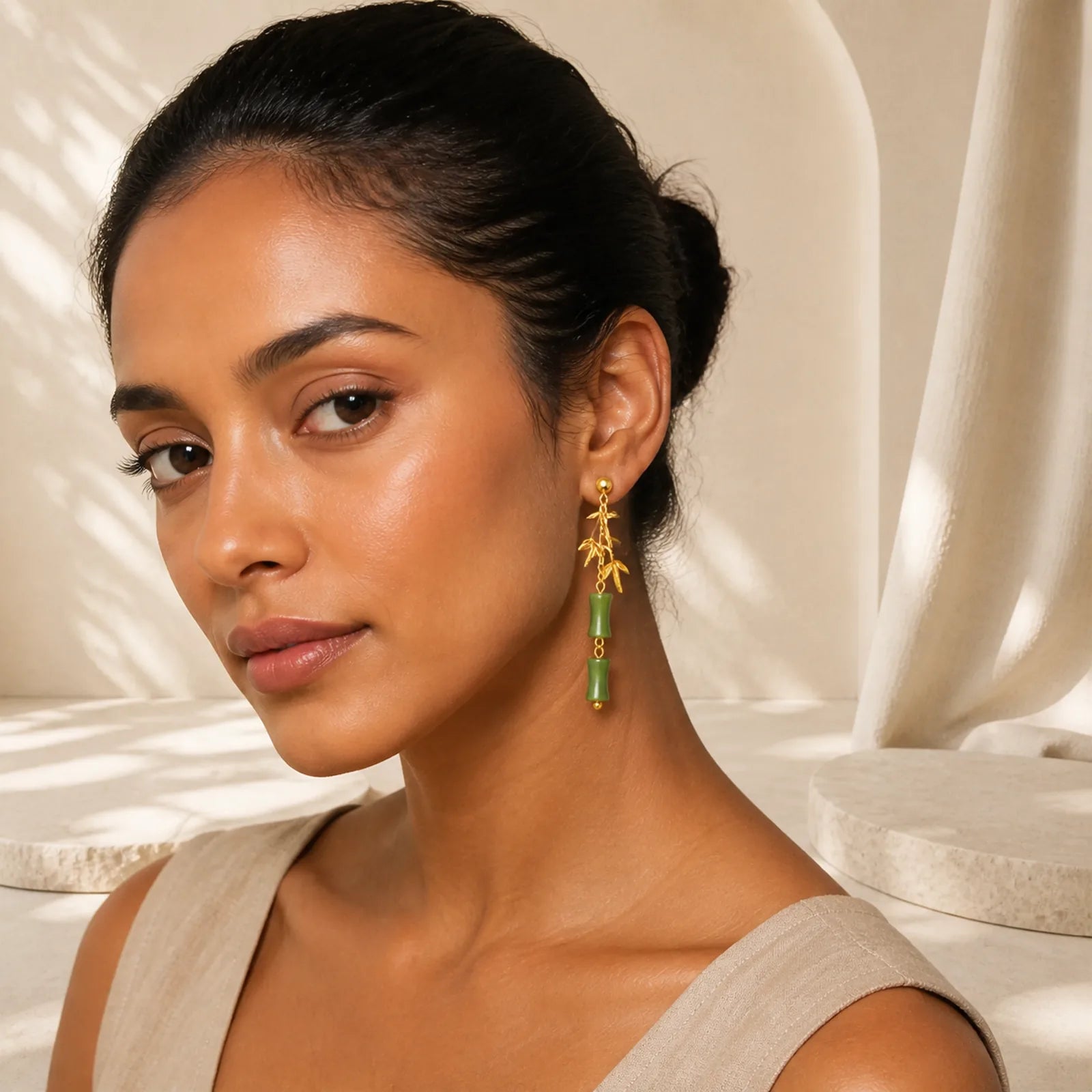 925 Sterling Silver Posts Copper Plated Gold Natural Peridot Bamboo Leaf Drop Earrings featuring Silver, Copper, Peridot