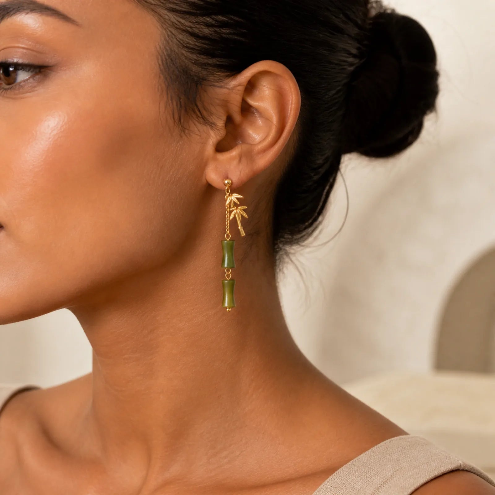 925 Sterling Silver Posts Copper Plated Gold Natural Peridot Bamboo Leaf Drop Earrings featuring Silver, Copper, Peridot