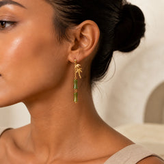 925 Sterling Silver Posts Copper Plated Gold Natural Peridot Bamboo Leaf Drop Earrings featuring Silver, Copper, Peridot