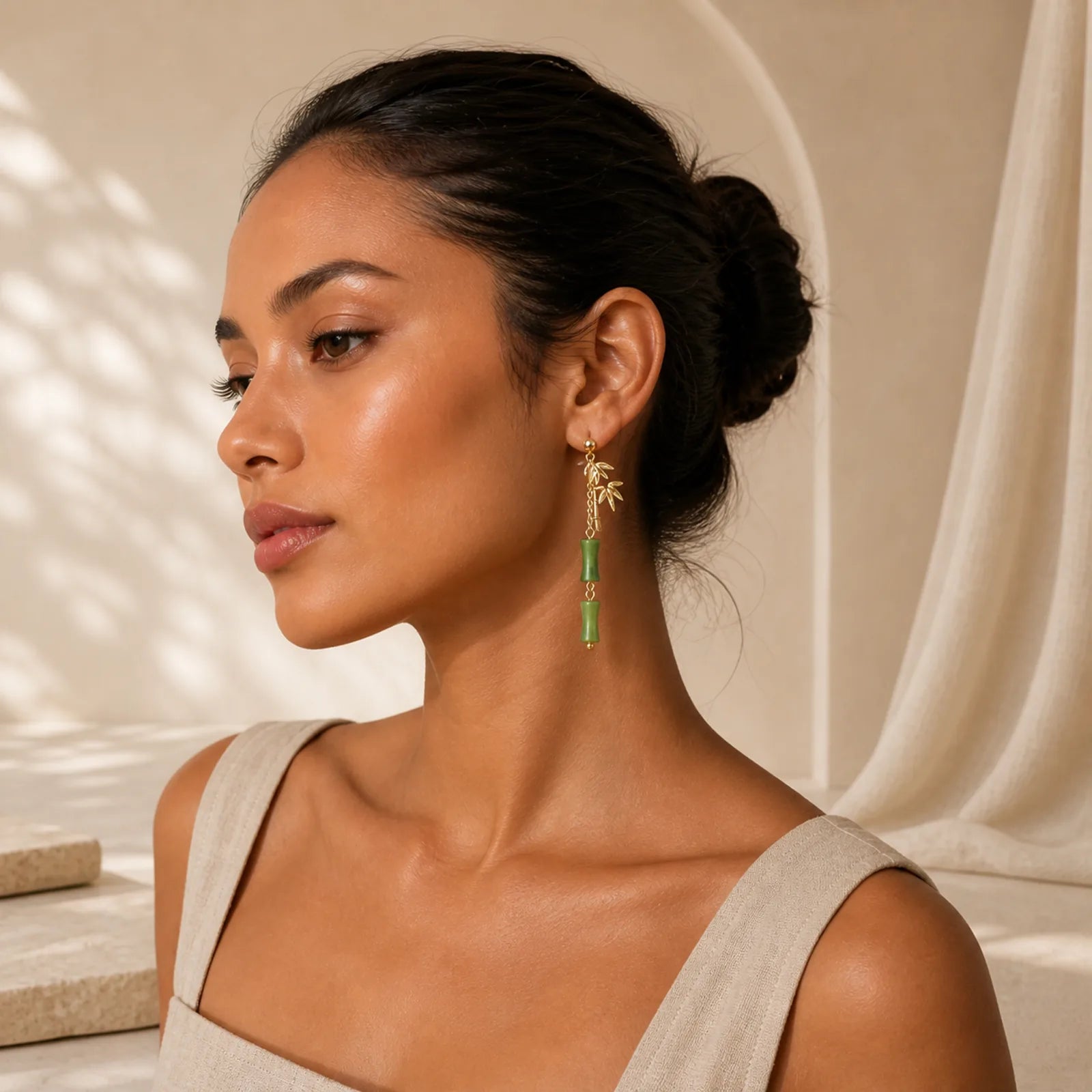 925 Sterling Silver Posts Copper Plated Gold Natural Peridot Bamboo Leaf Drop Earrings featuring Silver, Copper, Peridot