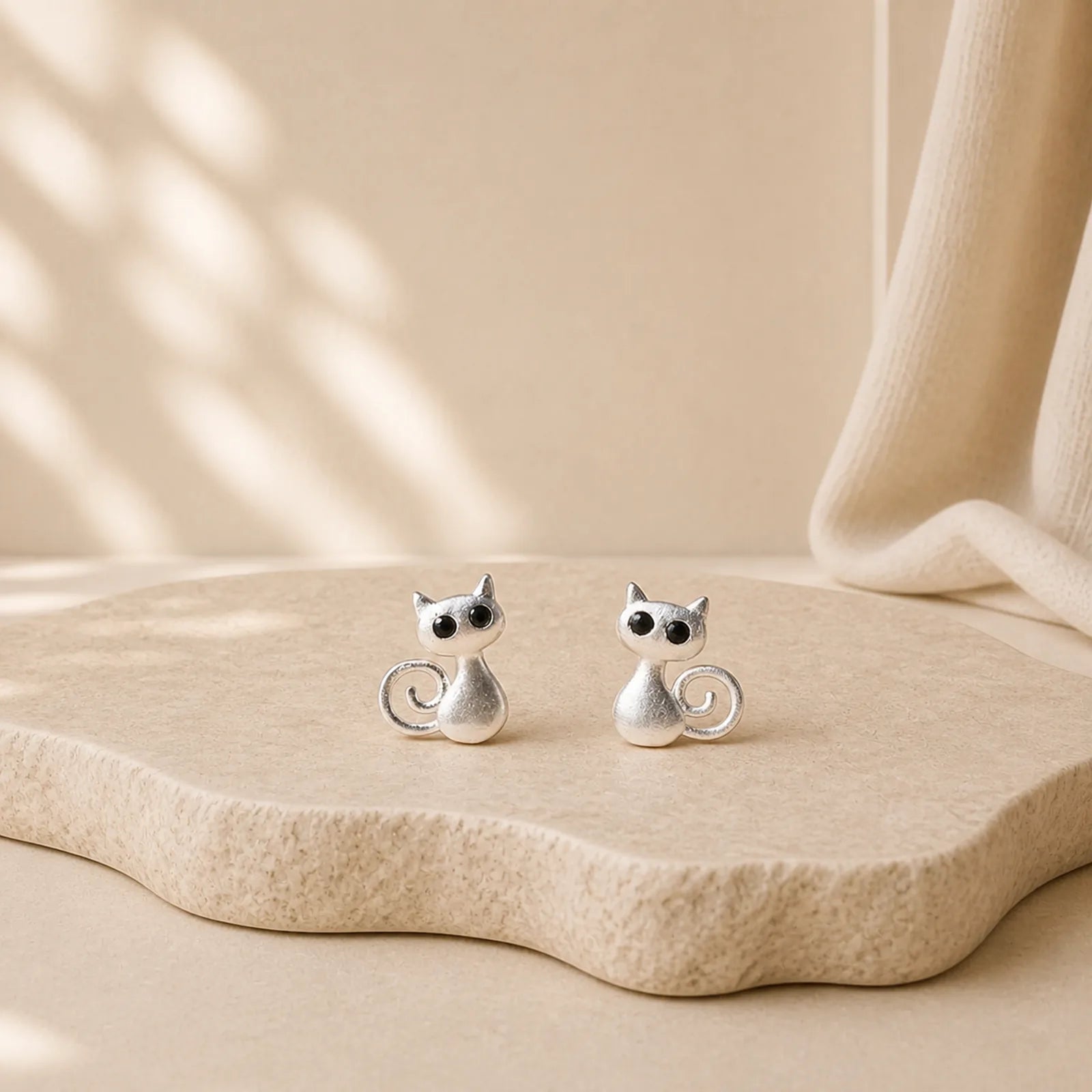 925 Sterling Silver Posts Cute Cat Kitten Blessing Stud Earrings featuring Silver