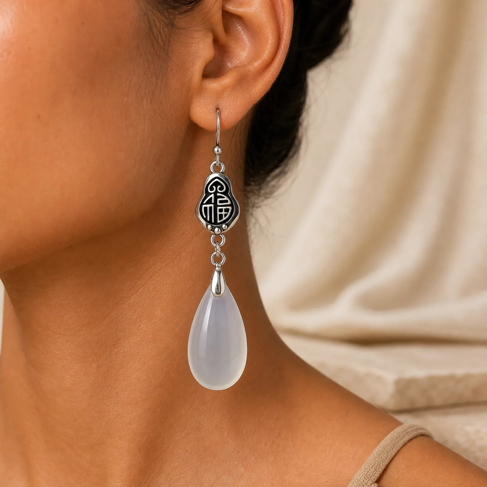 925 Sterling Silver Posts Natural Chalcedony Fu Character Positive Harmony Earrings featuring Silver, Chalcedony, Fu Character