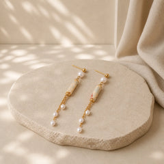925 Sterling Silver Posts Shoushan Stone Pearl Healing Drop Earrings featuring Silver, Shoushan Stone, Pearl