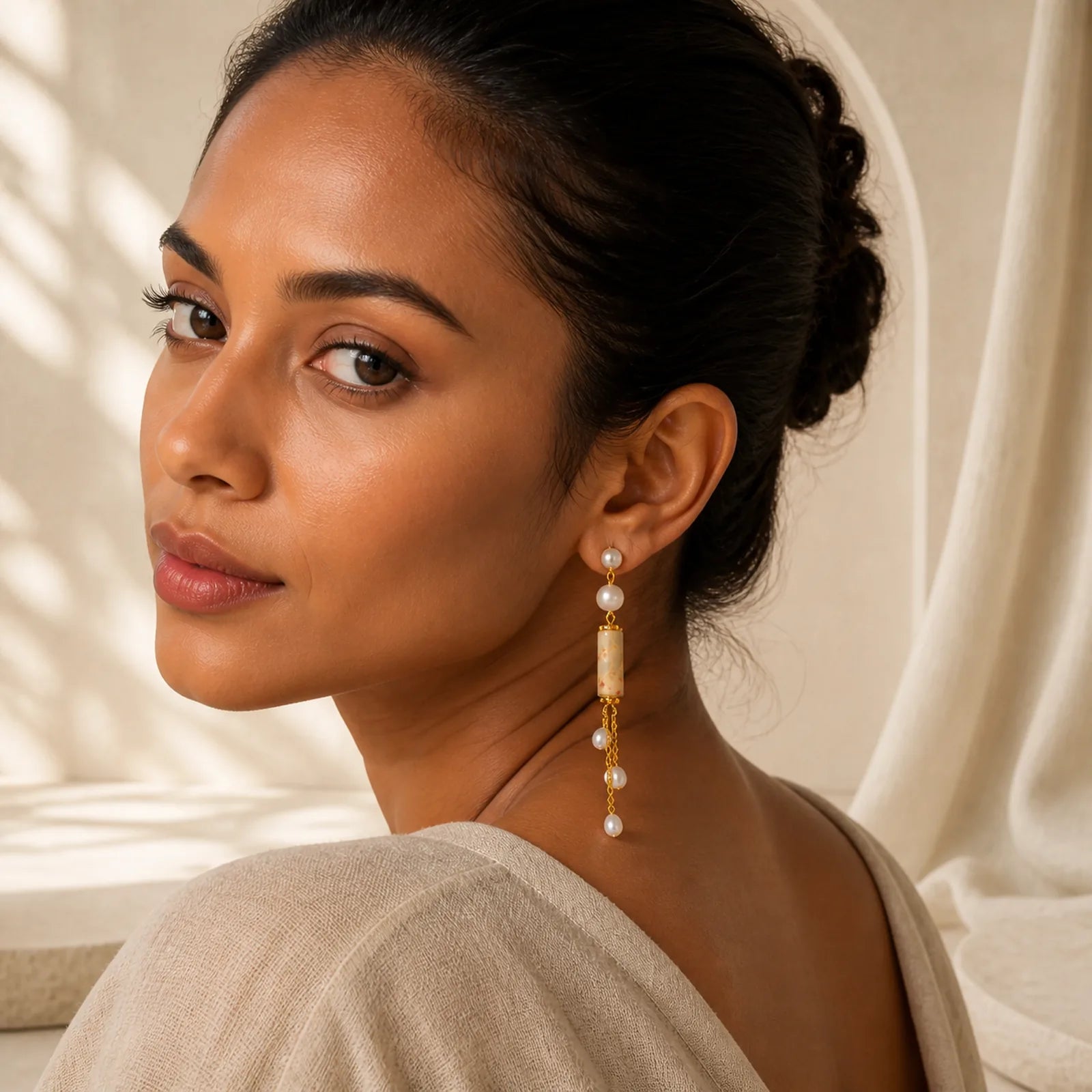 925 Sterling Silver Posts Shoushan Stone Pearl Healing Drop Earrings featuring Silver, Shoushan Stone, Pearl
